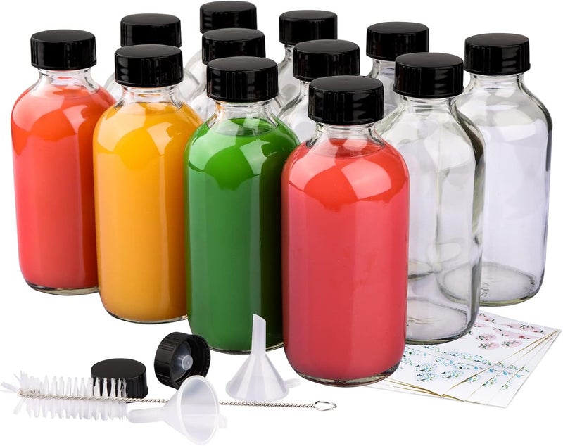 PINIWON 12 Pack 4 oz Clear Glass Bottles, 120ml Boston Round Sample Bottles with Black Poly Cone Caps, Labels, Funnels and Brush - Image 1
